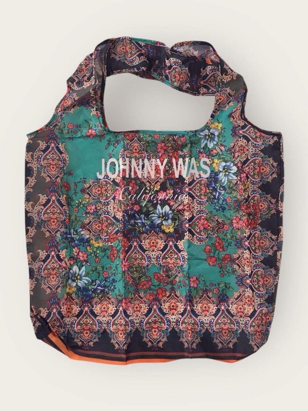 Johnny Was CA NWOT Floral Tote Nylon Reusable Folding Shopping Bag Teal & Pink